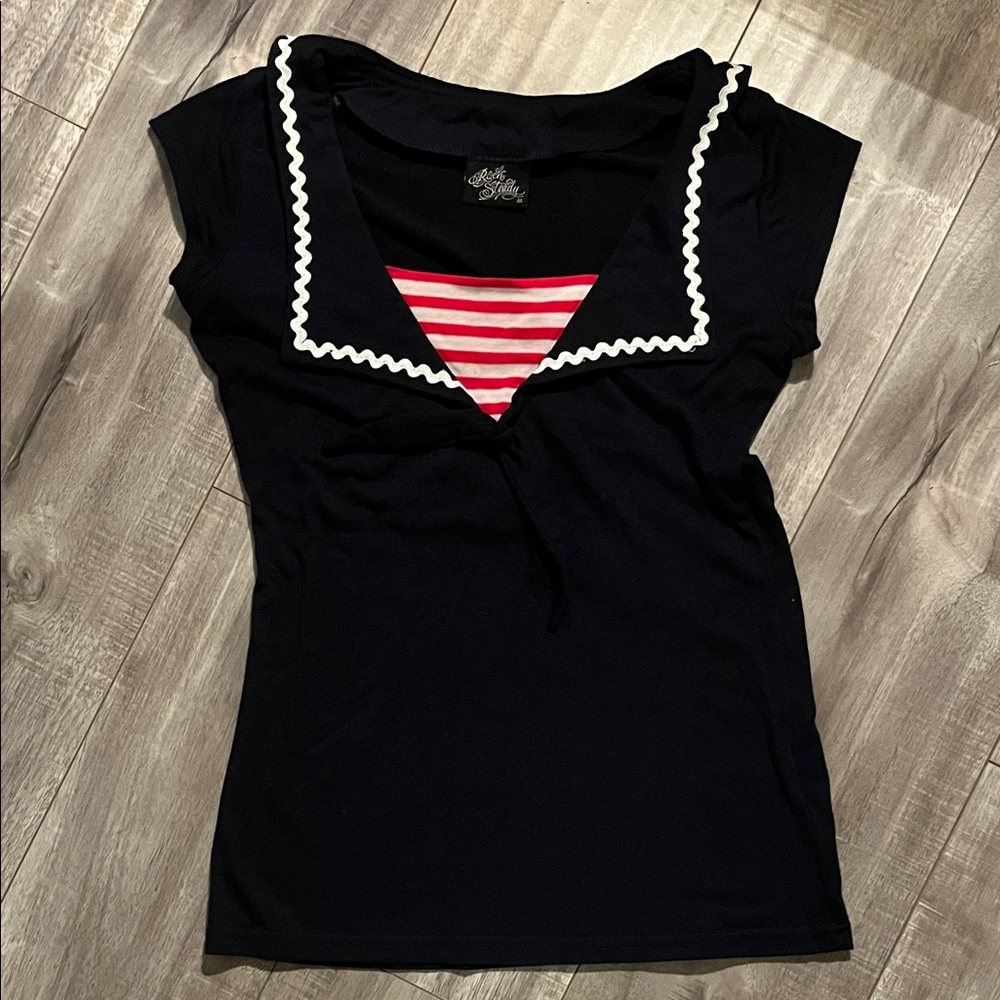 RockSteady Black Sailor Collar Top with Red Stripes